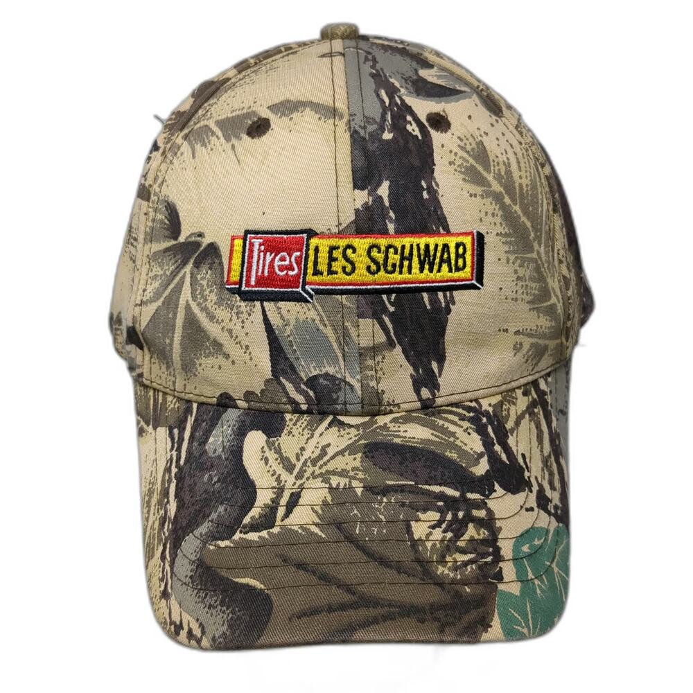 GO USA Snapback Beige One Size Hat Les Schwab Tires Camo Pattern Leaf Print